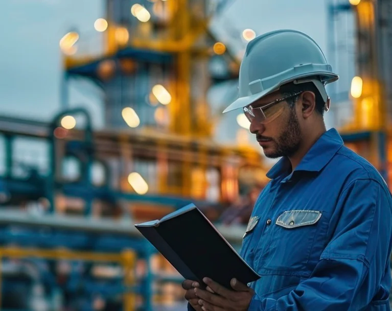 a man wearing a hard hat and holding a book
